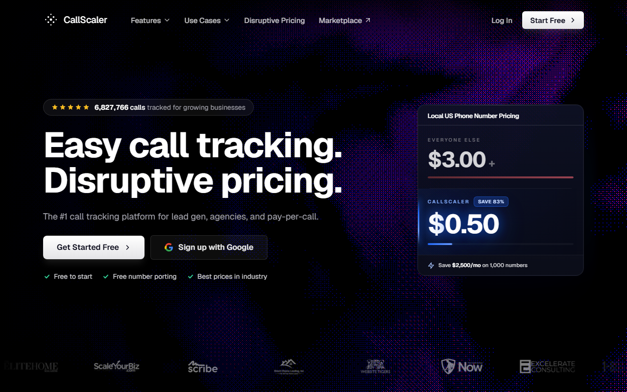 Screenshot of the CallScaler homepage captured for this review